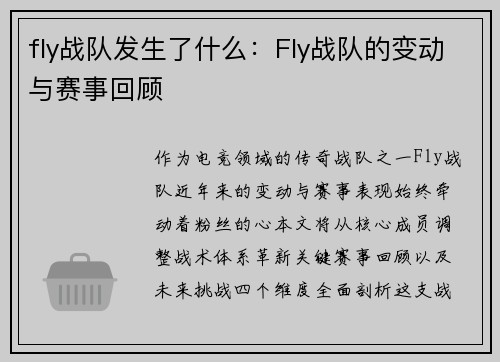 fly战队发生了什么：Fly战队的变动与赛事回顾