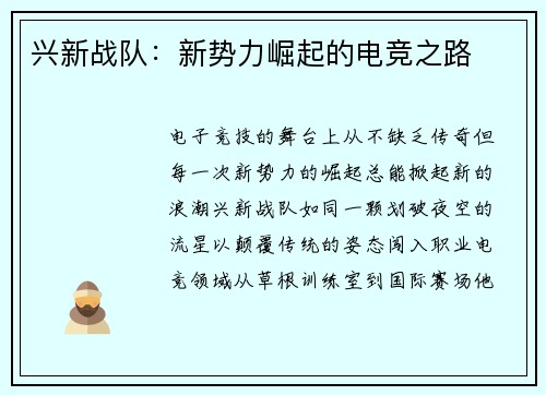 兴新战队：新势力崛起的电竞之路