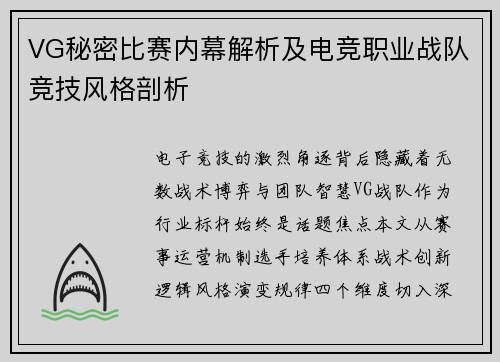 VG秘密比赛内幕解析及电竞职业战队竞技风格剖析