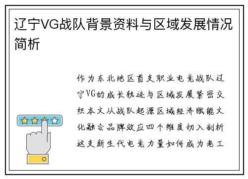辽宁VG战队背景资料与区域发展情况简析