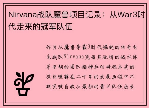 Nirvana战队魔兽项目记录：从War3时代走来的冠军队伍