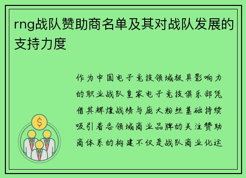 rng战队赞助商名单及其对战队发展的支持力度